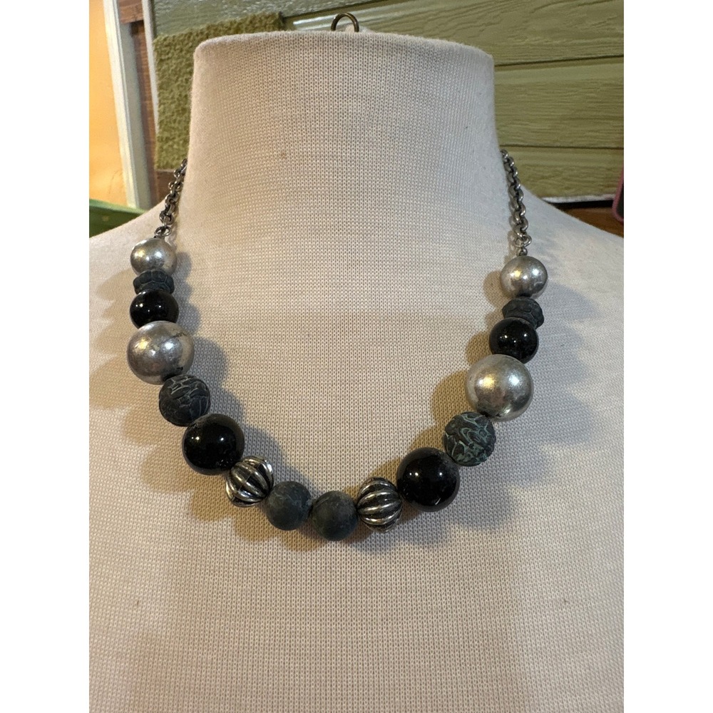Chunky Mixed Bead Statement Necklace Black Silver Tone Adjustable Chain